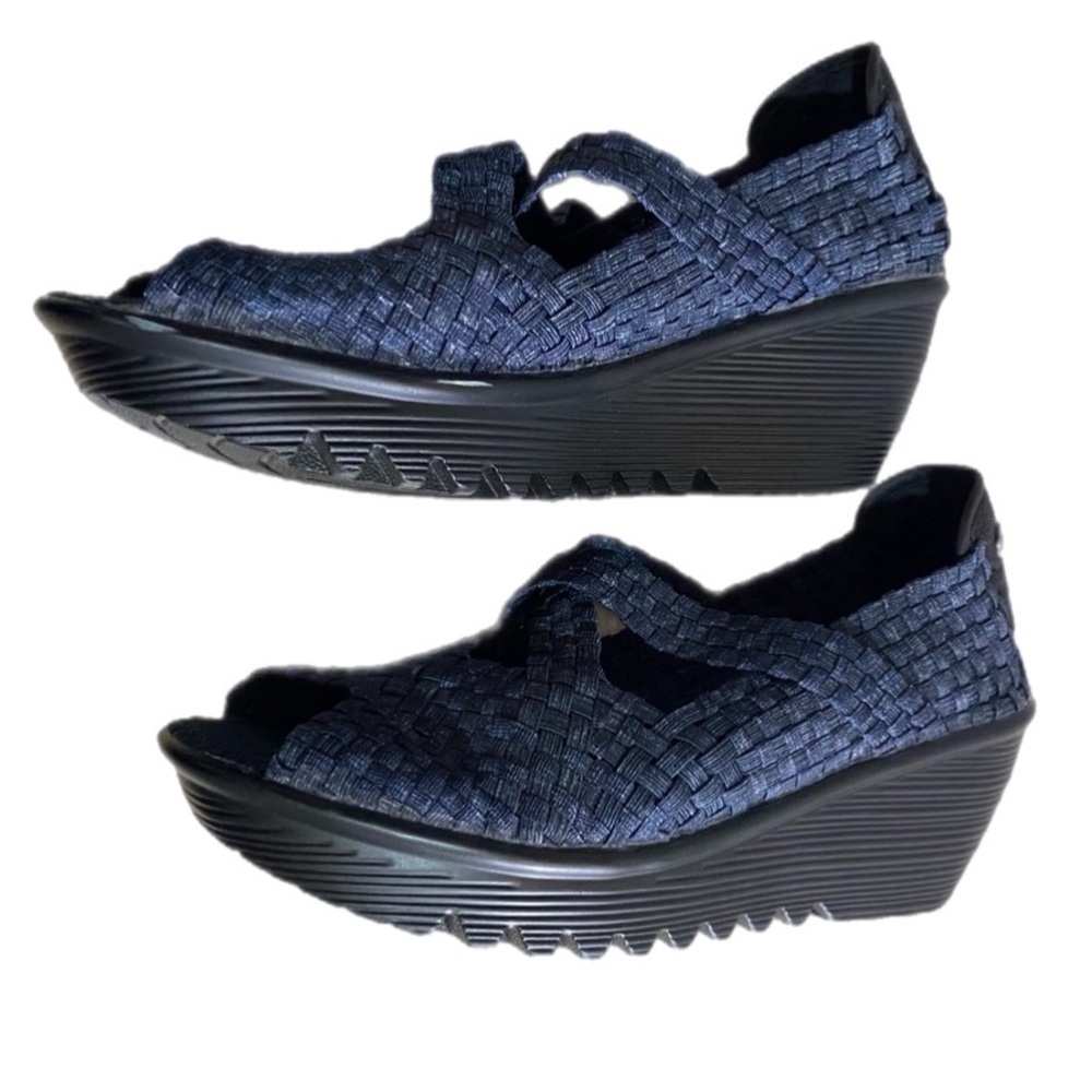 Bernie Mev. Wedge Sandals Sz 41 10 Drake Blue Woven Mary Jane Shoes Boho Comfort